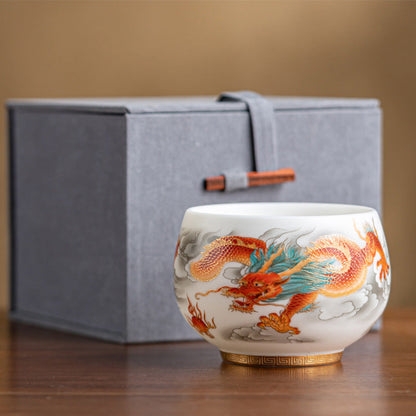 Mythstone Dragon Phoenix Auspicious Clouds Ceramic Teacup Kung Fu Tea Cup With Gift Box