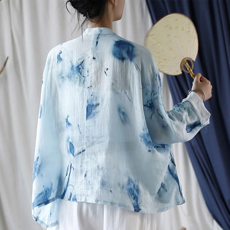 Mythstone Tie Dye Blue Flowers Frog-Button Design Long Sleeve Ramie Linen Jacket Shirt