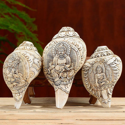 Mythstone Tibetan Handmade Engraved Shankha Buddha Avalokitesvara Conch Shell Wealth Decoration