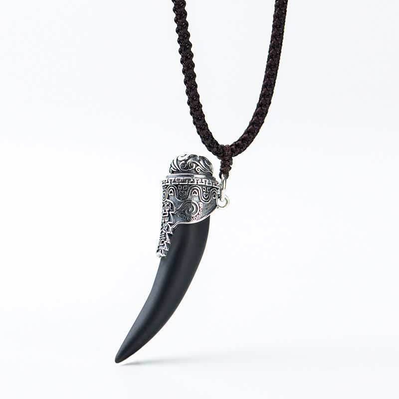 Mythstone 925 Sterling Silver Black Obsidian Wolf Tooth Pattern Strength Necklace Pendant