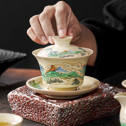 Mythstone A Panorama of Rivers and Mountains Flowers Ceramic Gaiwan Sancai Teacup Kung Fu Tea Cup And Saucer With Lid