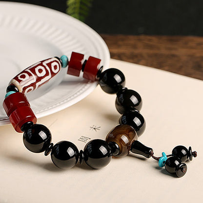 MythStone Tibetan Nine-Eye Dzi Bead Black Onyx Wealth Protection Bracelet