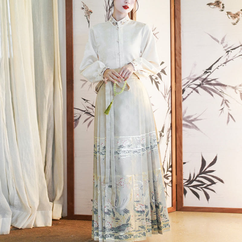 Mythstone Long Sleeve Shirt Top Chinese Hanfu Crane Lotus Printed Horse Face Skirt Mamianqun