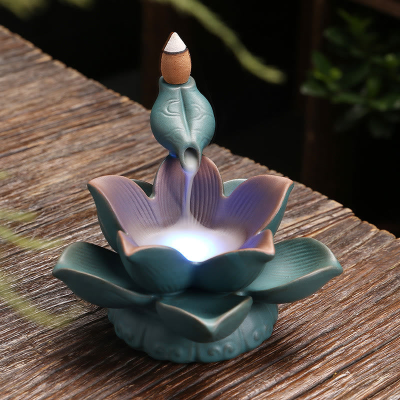 Mythstone Lotus Flower Leaf Frog Butterfly Pattern Healing Ceramic Incense Burner Decoration