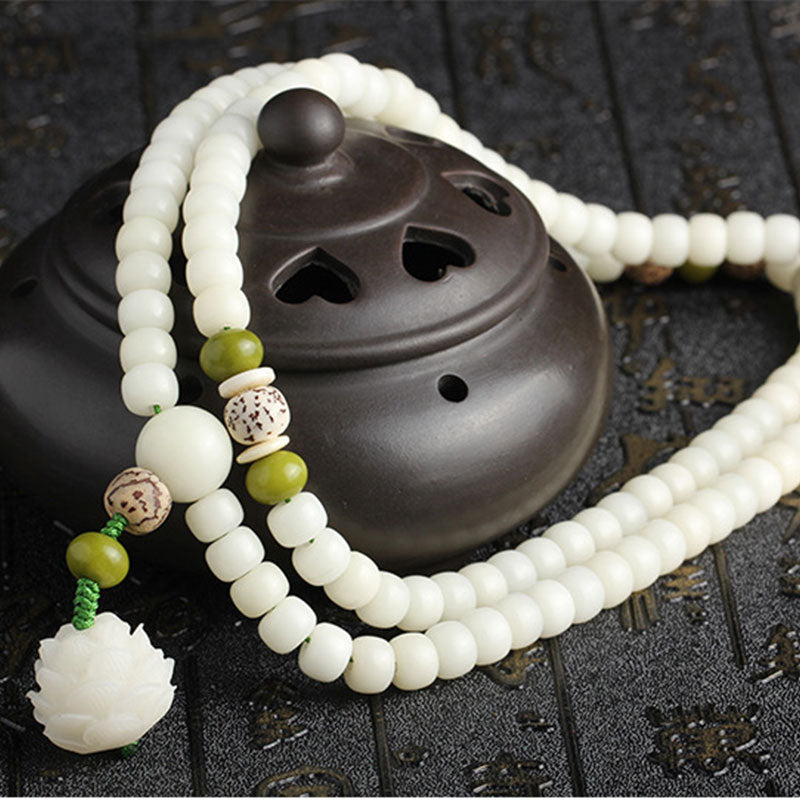 Mythstone White Jade Bodhi Lotus Mala Harmony Necklace Bracelet