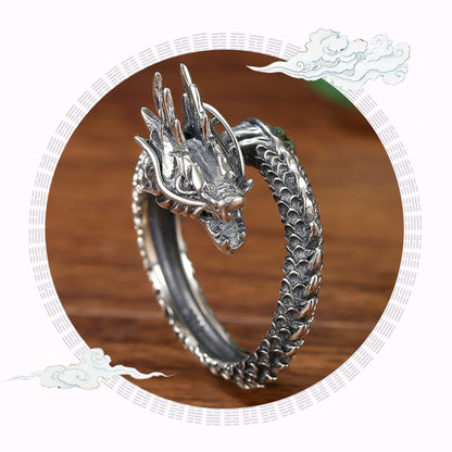 Mythstone 925 Sterling Silver Vintage Dragon Success Protection Strength Adjustable Ring