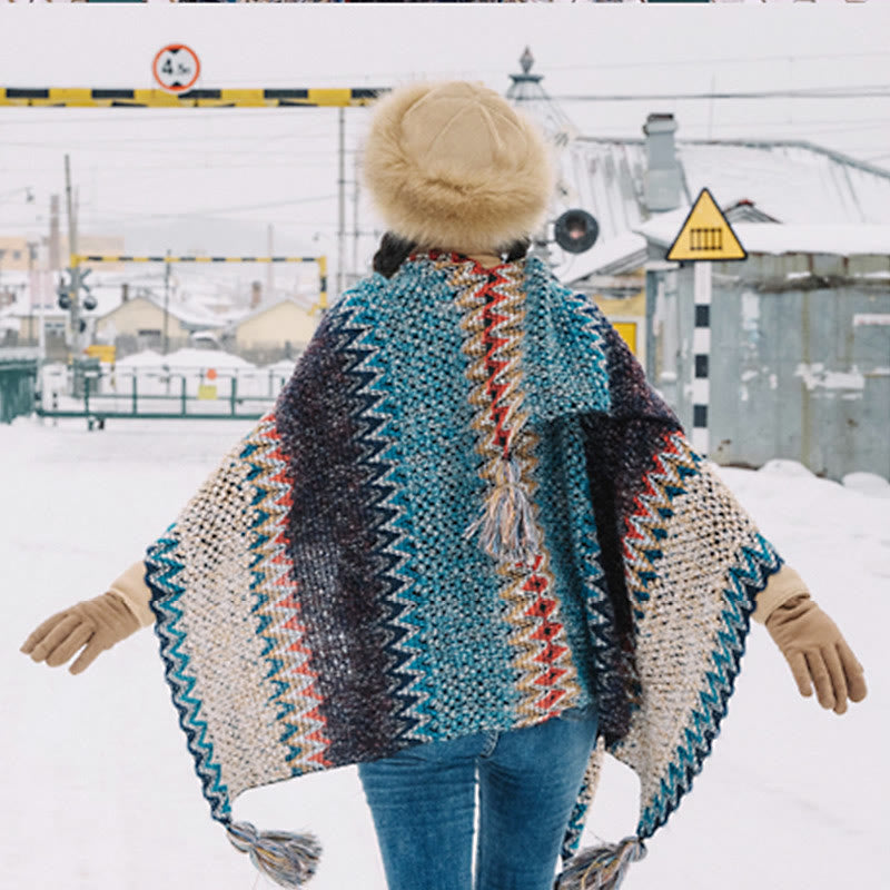 Chal tibetano Mythstone con estampado ondulado azul, beige y rojo, bufanda cálida con borlas para el invierno