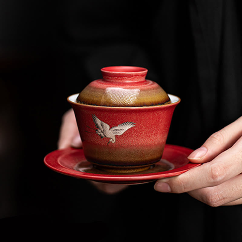 Mythstone Red Auspicious Crane Ceramic Gaiwan Sancai Teacup Kung Fu Tea Cup And Saucer With Lid