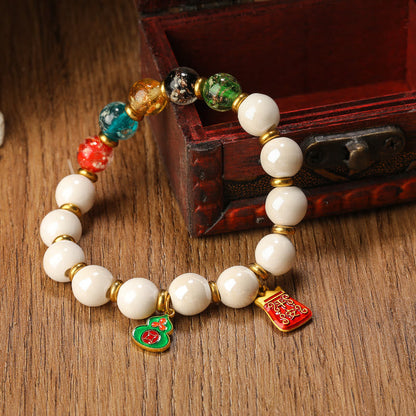 Mythstone Tibetan Incense Ash Porcelain Luminous Fluorescent Liuli Glass Bead Gourd Copper Coin Charm Peace Bracelet