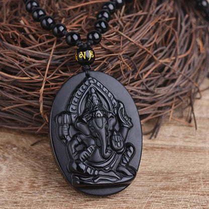 Mythstone Tibetan Obsidian Ganesh Ganpati Elephant Wealth Amulet Necklace