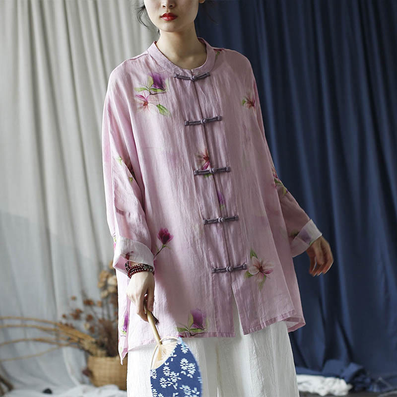 Mythstone Pink Flower Print Frog-button Design Batwing Long Sleeve Ramie Linen Jacket Shirt