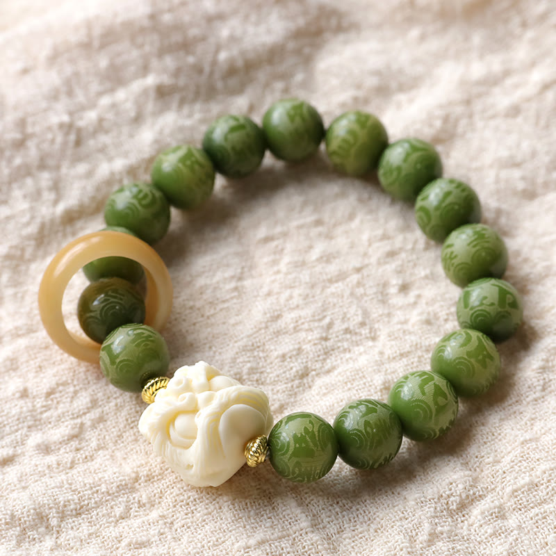 Mythstone Green Bodhi Seed Ivory Fruit Dancing Lion Om Mani Padme Hum Engraved Peace Bracelet