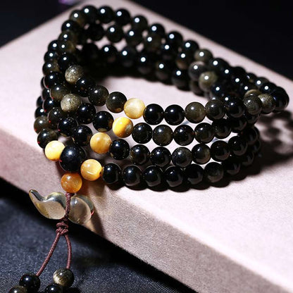 Mythstone Natural Ice Obsidian Tiger Eye Gourd Bracelet Mala