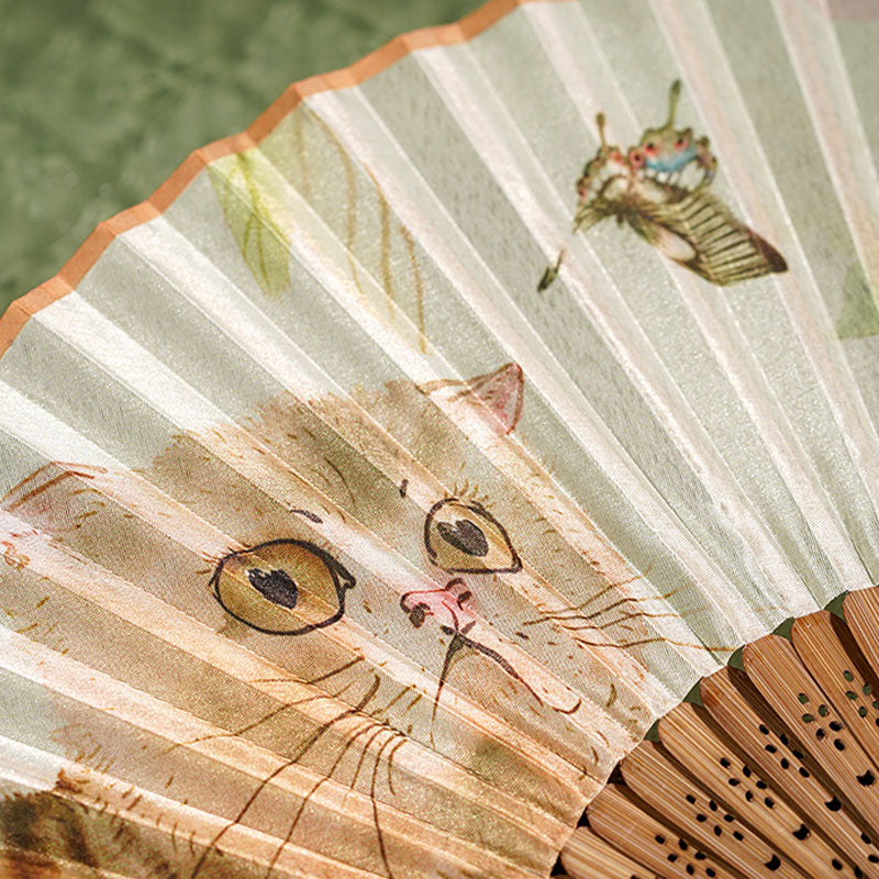 Mythstone Cute Cat Butterfly Flowers Pattern Handheld Silk Bamboo Folding Fan 21cm