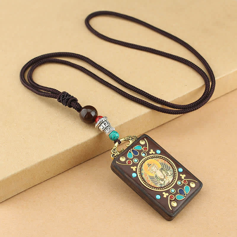 Colgante de collar de ébano con la paz y el dios de la riqueza del Thangka del Tíbet de Mythstone 