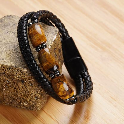 Mythstone Natural Tiger Eye Protection Willpower Magnetic Buckle Leather Bracelet