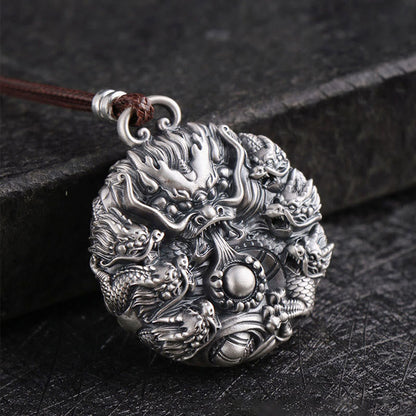 Mythstone 999 Sterling Silver Nine Dragons Playing With A Pearl Luck Protection Necklace Pendant