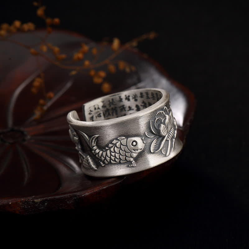 Mythstone 999 Sterling Silver Luck Koi Fish Lotus Heart Sutra Wealth Ring