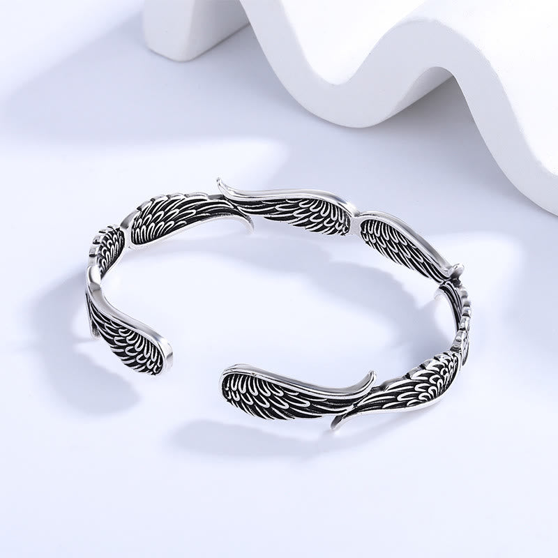 Mythstone Angel Wings Feather Pattern Carved Luck Cuff Bracelet Bangle