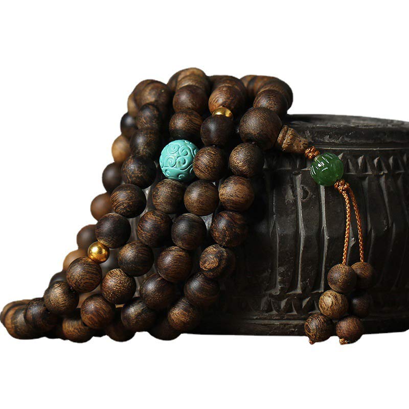 MythStone 108 Mala Beads Nha Trang Agarwood Turquoise Prayer Meditation Bracelet Mala