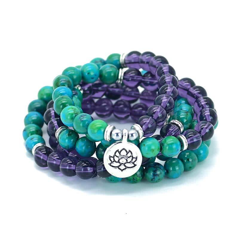 Pulsera con dijes espirituales de loto, amatista y aventurina verde