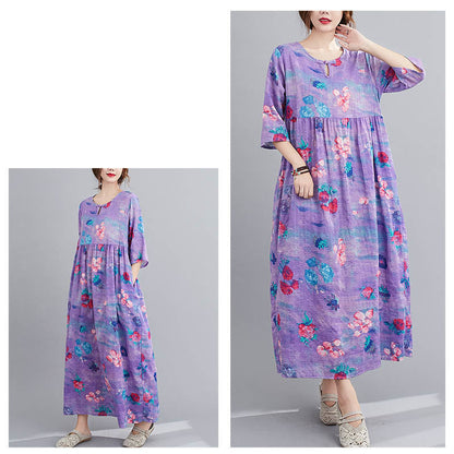 Mythstone Flowers Print Midi Dress Tunic Dress With Pockets