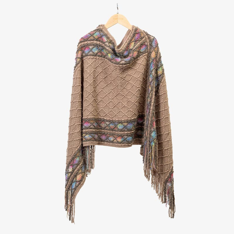 Mythstone Tibetan Colorful Striped Rhombus Pattern Shawl Tassels Pullover Winter Cozy Travel Scarf Wrap