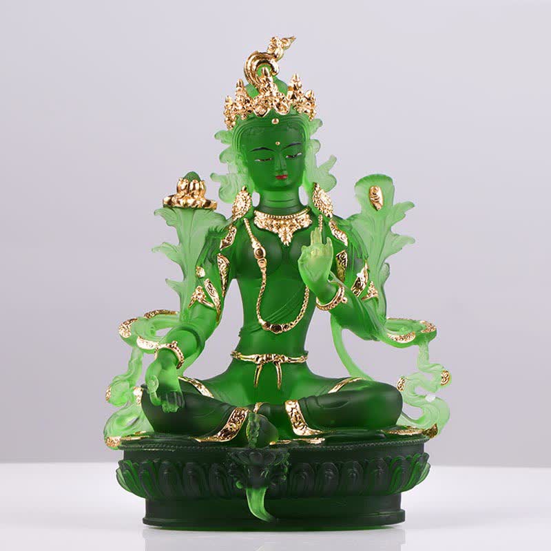 Mythstone Bodhisattva Green Tara Handmade Liuli Crystal Art Piece Protection Home Office Statue Decoration