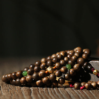 Mythstone 999 Gold 108 Mala Beads Kalimantan Agarwood Cyan Jade Six True Words Strength Bracelet