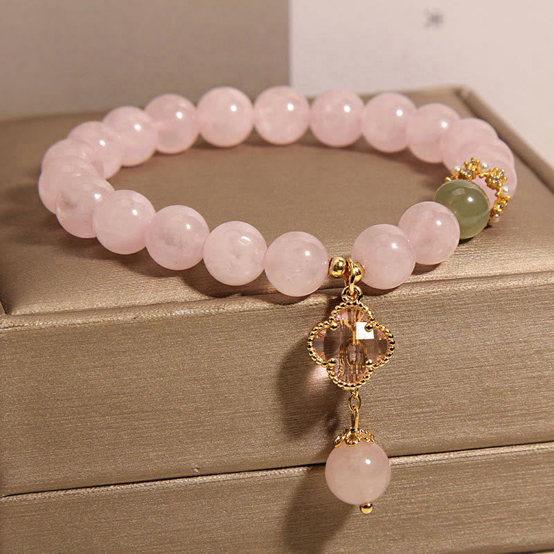 Mythstone Natural Pink Crystal Four Leaf Clover Soothing Bracelet