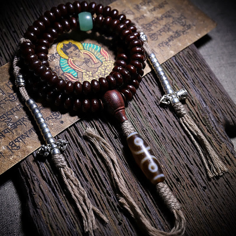 Pulsera de armonía Dorje de cobre con cuentas Dzi de tres ojos y semilla de Bodhi morada de Mythstone Natural Tibet de 108 cuentas Mala