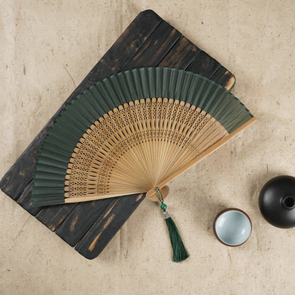 Mythstone Simple Cherry Flower Hollow Engraved Handheld Bamboo Folding Fan