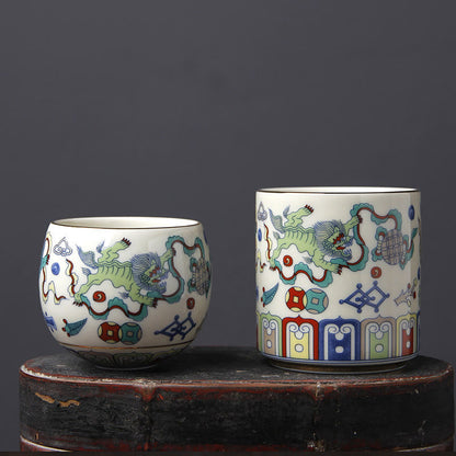 Mythstone Vintage Plum Blossom Pine Bamboo Phoenix Kirin Lion Dancing Ceramic Teacup Tea Cups