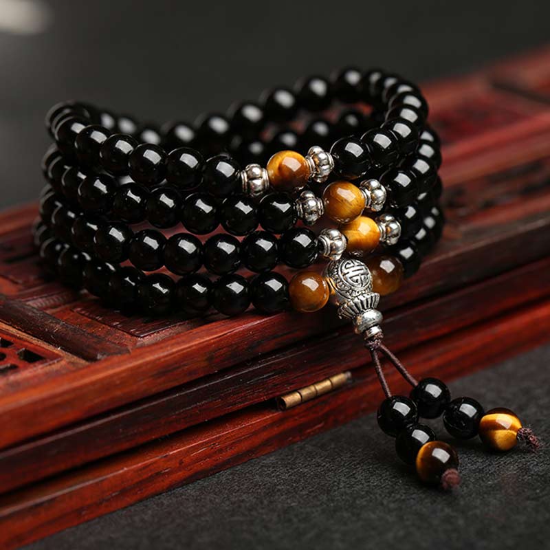 MythStone Black Obsidian Tiger Eye Blessing Mala Bracelet