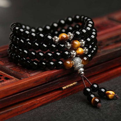 MythStone Black Obsidian Tiger Eye Blessing Mala Bracelet