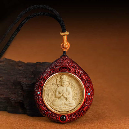 Mythstone Chinese Zodiac Avalokitesvara Small Leaf Red Sandalwood Ebony Longevity Necklace Pendant