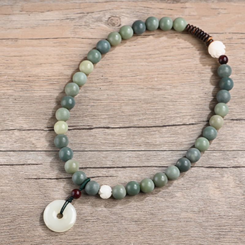 Pulsera de doble vuelta con hebilla de paz y sabiduría, semilla de bodhi, loto y jade cian