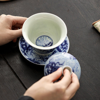 Mythstone Blue and White Dragon Pattern Porcelain Gaiwan Sancai Teacup Kung Fu Tea Cup And Saucer With Lid