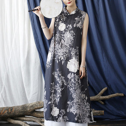 Mythstone Ancient Ramie Linen Flowers Printing Cheongsam Dresses Sleeveless Dress