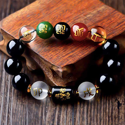 Pulsera de obsidiana con cinco elementos de la prosperidad y la riqueza según el feng shui del zodiaco chino