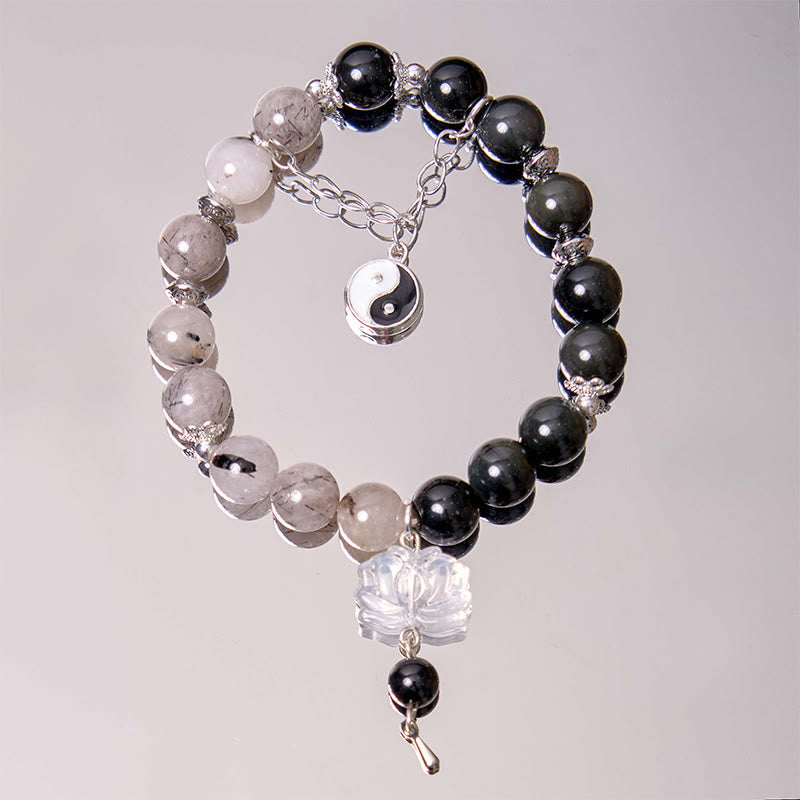 Mythstone Silver Sheen Obsidian Crackle Clear Quartz Black Rutilated Quartz Yin Yang Lotus Protection Bracelet