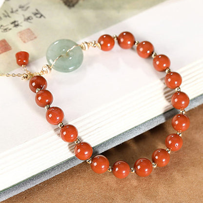 Mythstone 14k Gold Filled Jade Red Agate Peace Buckle Copper Coin Gourd Confidence Bracelet