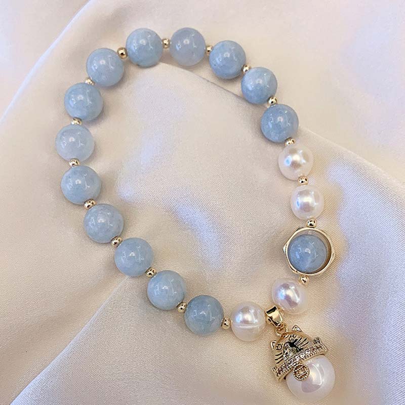 Mythstone Aquamarine Pearl Peace Healing Lucky Cat Charm Bracelet