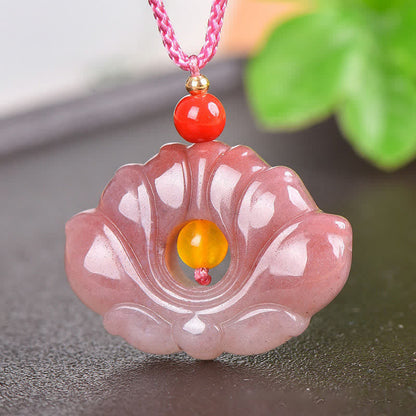 Pink Golden Silk Jade Lotus Flower Wealth Necklace Pendant