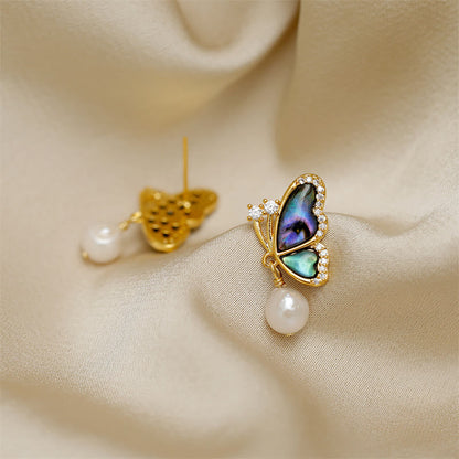 Mythstone 18K Gold Plated Copper Pearl Butterfly Love Stud Earrings