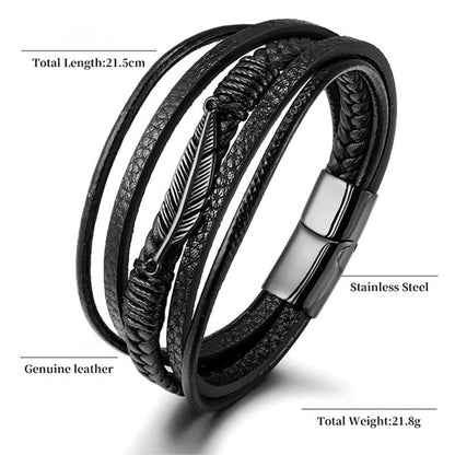 Mythstone Feather Pattern Multilayer Leather Titanium Steel Calm Braided Magnetic Buckle Bracelet