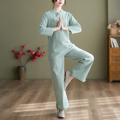 Mythstone 2Pcs Long Sleeve V-Neck Shirt Top Pants Meditation Zen Tai Chi Cotton Linen Clothing Women's Set