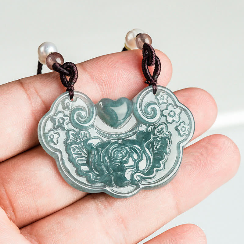 Colgante de collar con candado de buenos deseos y prosperidad con flor de peonía de jade natural Mythstone