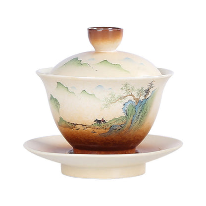 Mythstone Mountain Landscape Countryside Ceramic Gaiwan Sancai Teacup Kung Fu Tea Cup And Saucer With Lid