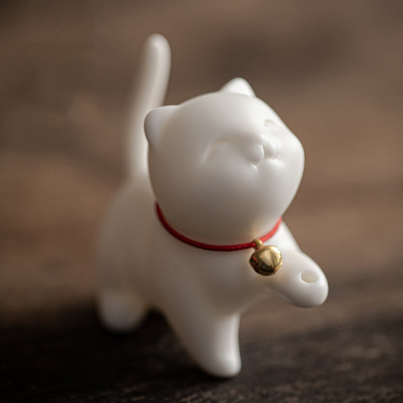 Mythstone Mini Lucky Cat Kitten Tea Pet Ceramic Home Desk Figurine Decoration With Bamboo Mat